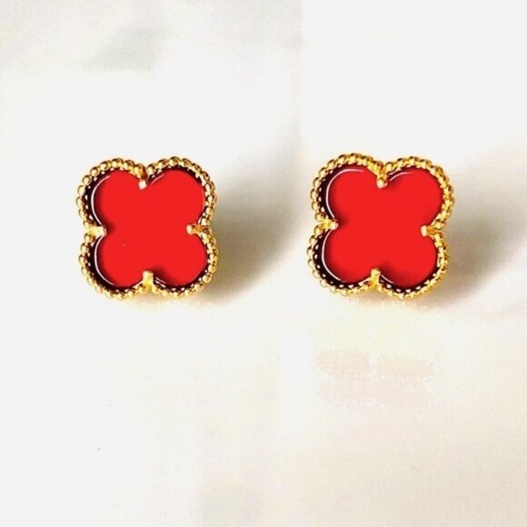 Jewelry - Red Carnelian Quatrefoil Clover Gold Stud Earrings